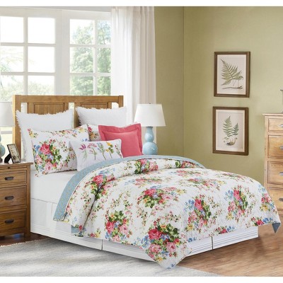Cottage Rose Blue Floral Reversible Cotton Twin Quilt Set