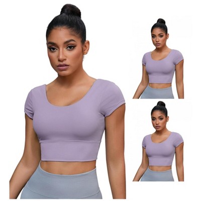 INSPIRE CHIC 3 Packs Women's U Neck Short Sleeve Deep V Back Shapewear Workout Tank Tops with Bulit in Bra