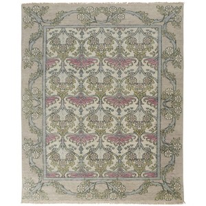 Ivory Gray and Pink Wool Floral Hand Knotted Area Rug - 1 of 4