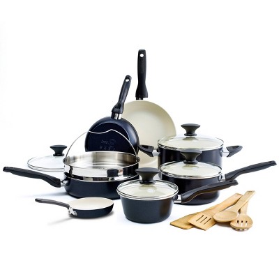 GreenPan Rio 16pc Ceramic Nonstick Cookware Set Black: Pans & Pot Set, Nonstick, Glass Lids, Dishwasher & Oven Safe