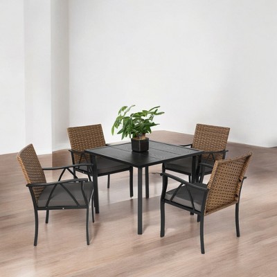 Mshliw 5-Piece Wicker Patio Dining Set with Square Steel Table and Umbrella Hole, Comfortable Chairs for Outdoor Garden, Backyard, or Balcony