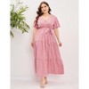 Women Plus Size V Neck Wrap Maxi Dress High Waist Ruffle Summer Casual Dress with Belt Short Sleeve, Pink Heart, 4XL - 3 of 4