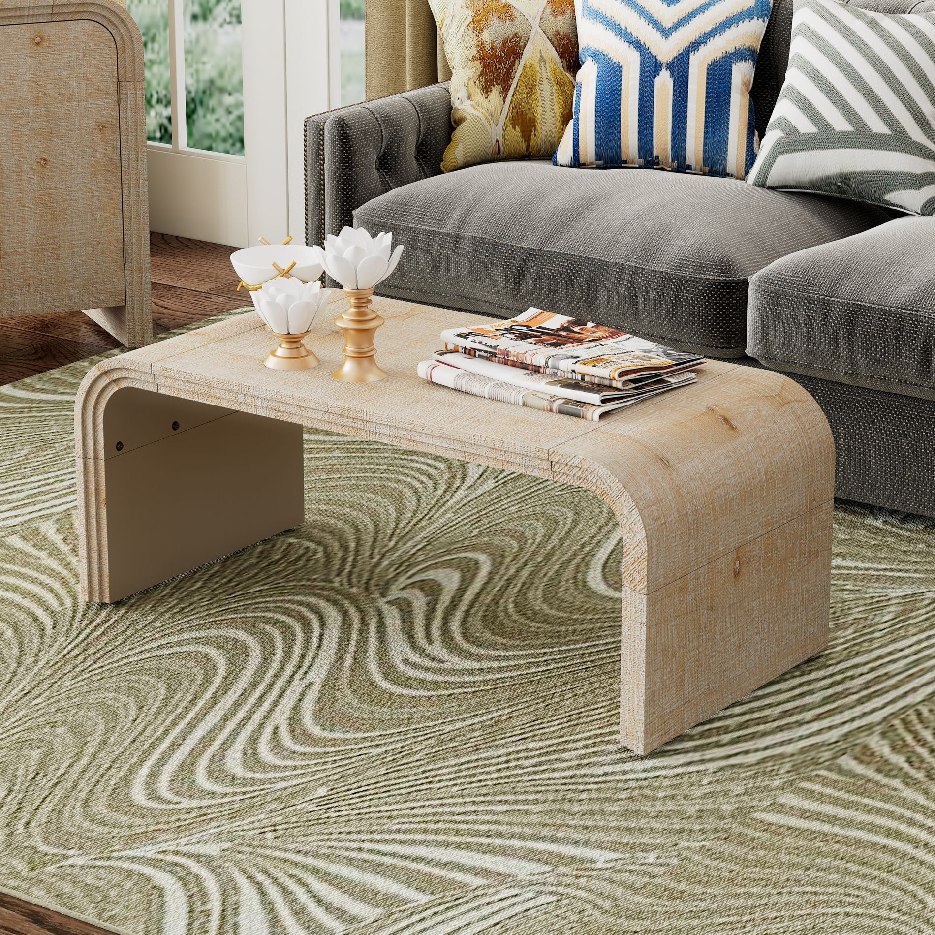 47.2"W Minimalist Coffee Table, Cocktail Table with Curved Art Deco Design 4B, Natural -ModernLuxe