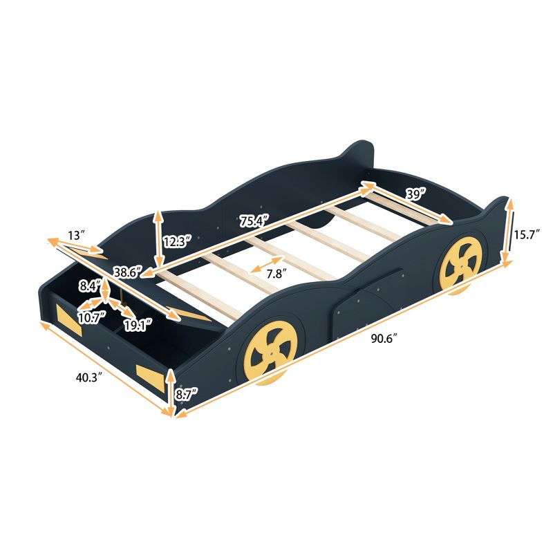 Race Car-Shaped Platform Bed with Wheels and Storage - ModernLuxe, 3 of 11