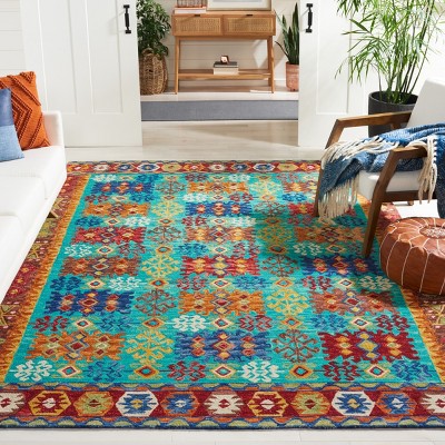 Handmade Blue Wool Tufted Reversible Square Area Rug