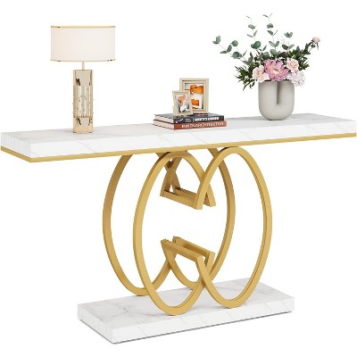 Gulches Modern Faux Marble Console Table, Gold Geometric Base, White & Gold, 55"