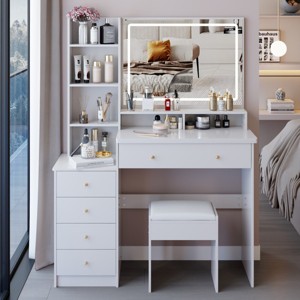 Small White Vanity Table with Cushioned Stool, Tri-Color LED Mirror & Sliding Drawer for Compact Bedroom Corners-Cuddlewood - 1 of 4