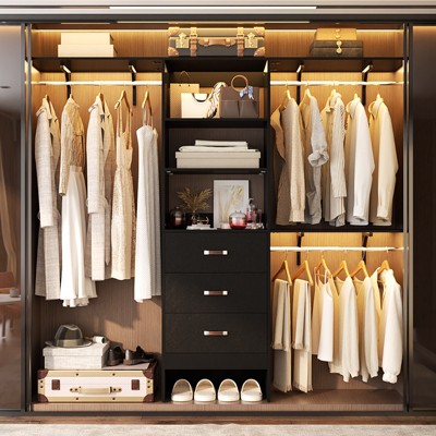 Besiost 96-In Closet Organizer with Wood Drawers, Closet System with Hanging Rods and Storage Shelves