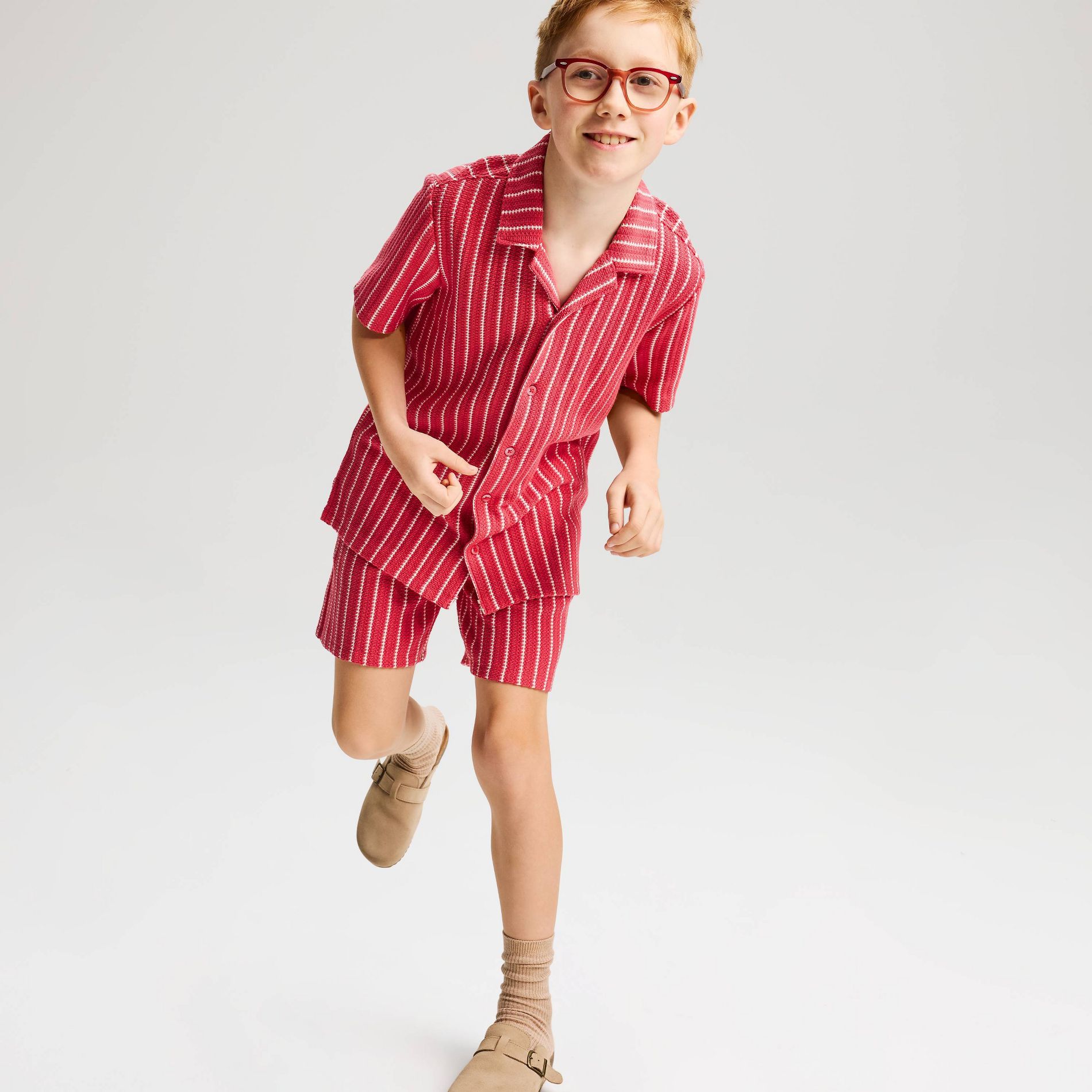Boys' Short Sleeve Crochet Striped Button-Down Shirt - Cat & Jack™ Light Red