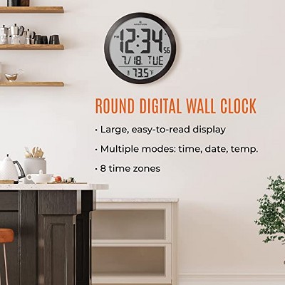 Marathon 15-Inch Black Aluminum Digital Wall Clock with Calendar and Temperature Display