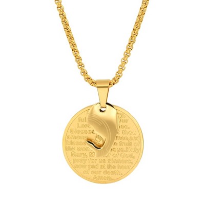 Steeltime 24" 18k gold plated stainless steel Hail Mary prayer round pendant