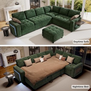 Dyonery 7 Seat L-Shaped Modular Sectional Sleeper Sofa Bed/Pull Out Bed/Reclining Backrest/USB Ports/Table/LED Light Tool-Free Assembly,Chenille Black - 1 of 4