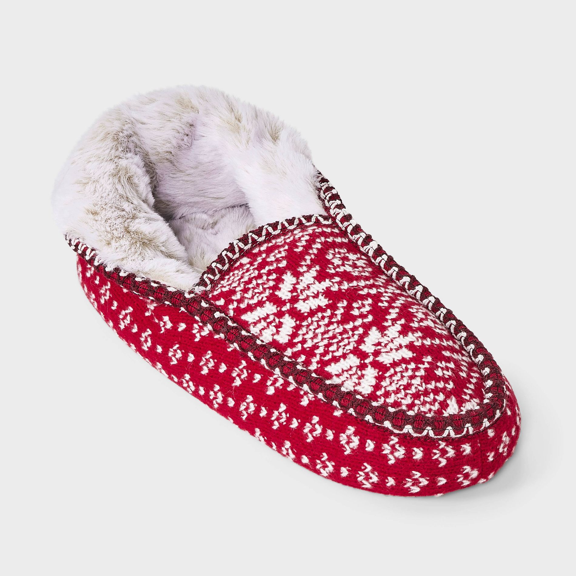 Women's Fair Isle Knit Slipper Sock with Faux Fur Lining and Grippers- Auden™ Red M/L