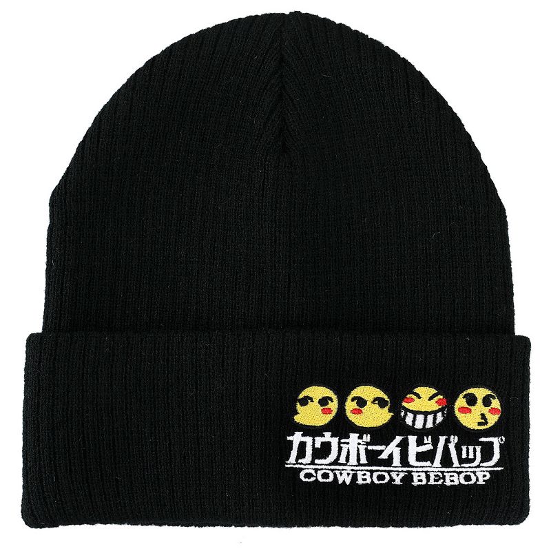 Cowboy Bebop Logo with Ed Emoji Flat Off Center Cuffed Embroidery on Black Ribbed Acrylic Knit Beanie Hat, 1 of 5