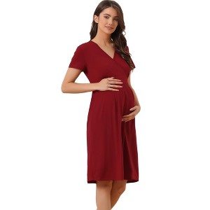 cheibear Women's Tie Back Casual V-Neck Maternity Short Sleeve Lounge Dress - 1 of 4