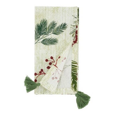 Pine Needle and Red Berry Cotton Holiday Table Napkins Set