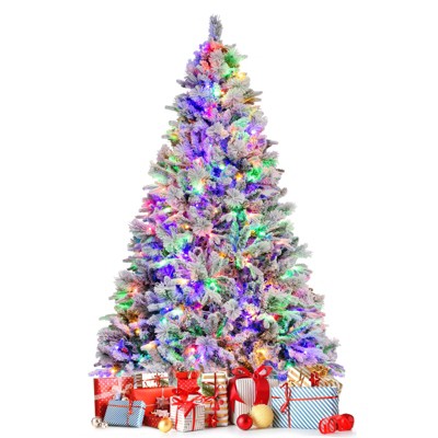 Tangkula 4.5/6/7 FT Pre-lit Artificial Christmas Tree, Snow-flocked Xmas Tree with 160/240/320 Multi-color LED Lights, 8 Lighting Modes