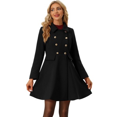Allegra K Women's Turn Down Collar Flap Pocket Double Breasted Outwear Swing Winter Coat