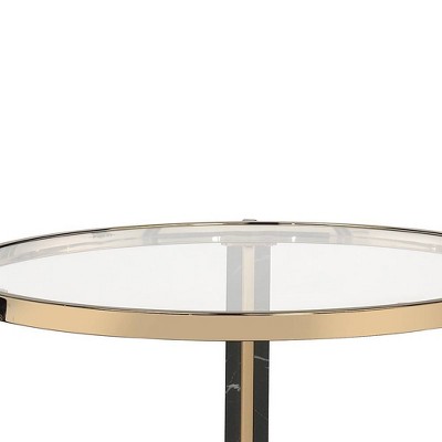 Round Glass and Faux Black Marble End Table with Champagne Trim