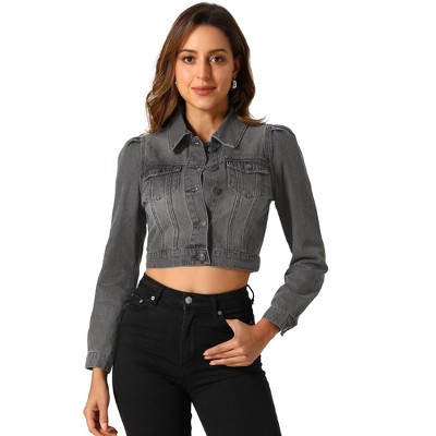 INSPIRE CHIC Women's Basic Puff Sleeve Washed Lightweight Cropped Denim Jacket