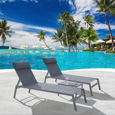Chaise Lounge Outdoor Set Of 3, 2 Lounge Chairs With 5 Adjustable Position 1 Side Table, Pool Lounge Chairs, Steel Frame Sunbathing Recliner For Beach