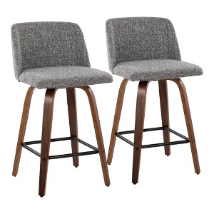 Mid-Century Modern Counter Stools with Bent Wood Legs, Padded Seat, and Square Footrest (Set of 2) for Kitchen or Dining Area - 1 of 4