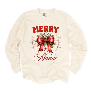 Simply Sage Market Women's Coquette Merry Mama Bow Long Sleeve Garment Dyed Tee - 1 of 4