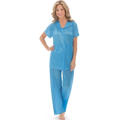 Collections Etc Floral Embroidery Tricot Pajama Set Medium Blue Lounge ...
