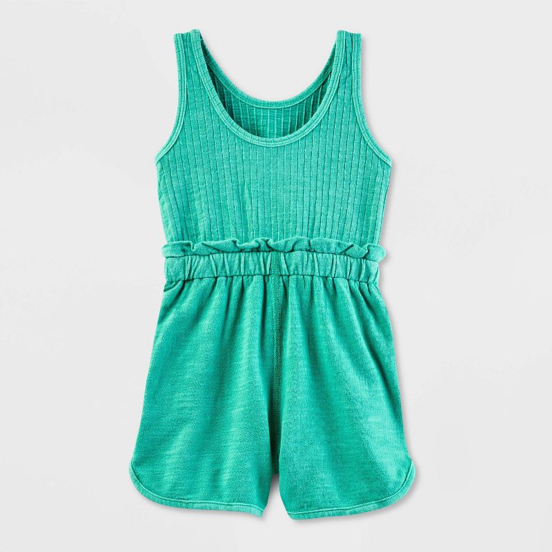 Toddler Girls&#39; Adaptive Abdominal Access Sleeveless Ribbed French Terry Romper - Cat &#38; Jack&#8482; Turquoise Green, 3 of 6