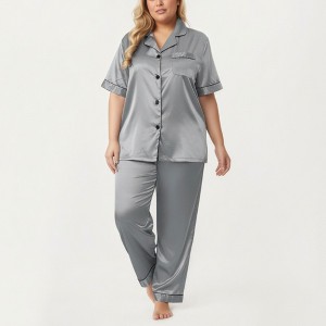 Anna-Kaci Lounge Women's PLus Size Satin Pajama Set with Short Sleeve Button Front Top and Relaxed Straight Leg Pants - 1 of 4