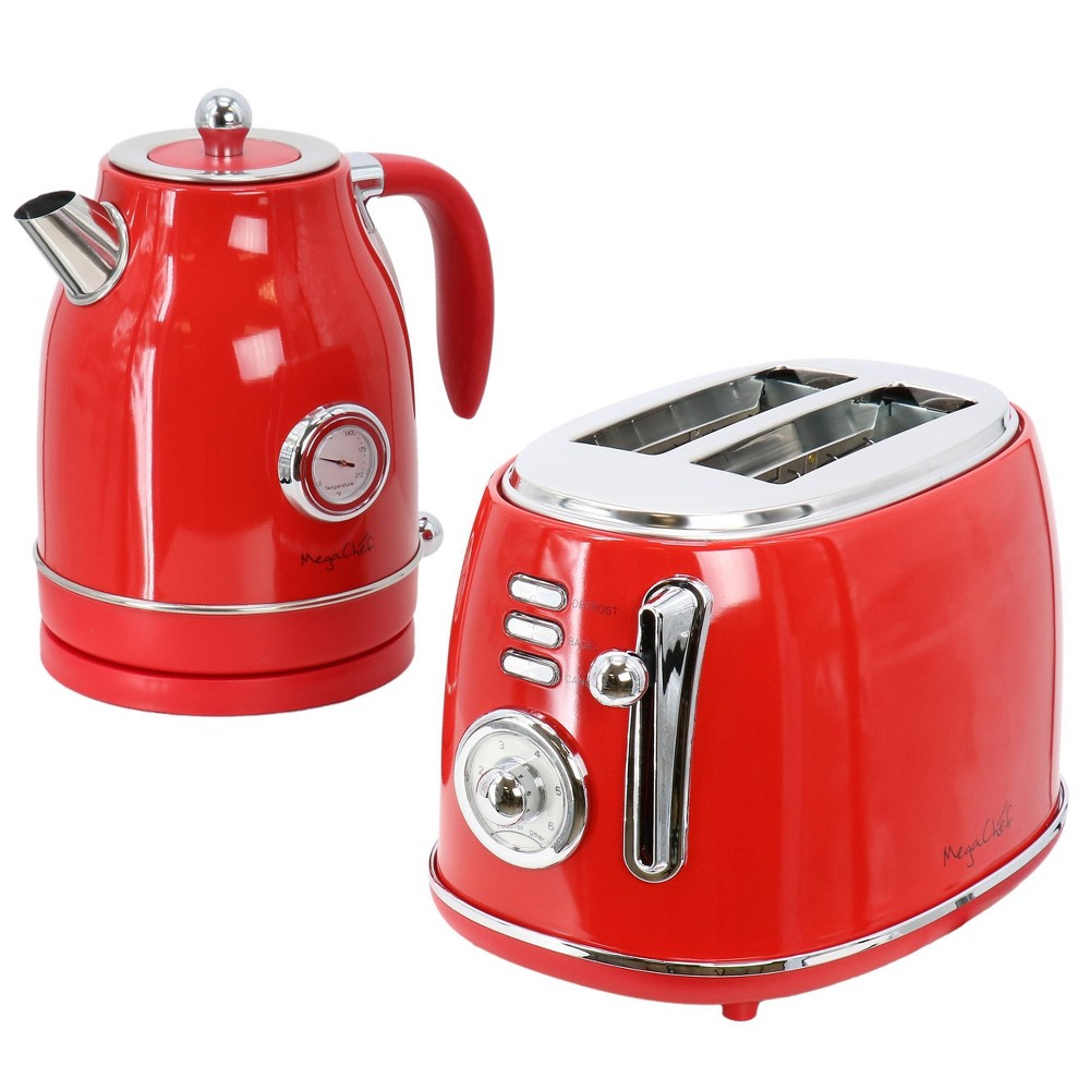 MegaChef 1.7 Liter Electric Tea Kettle and 2 Slice Toaster Combo in Red