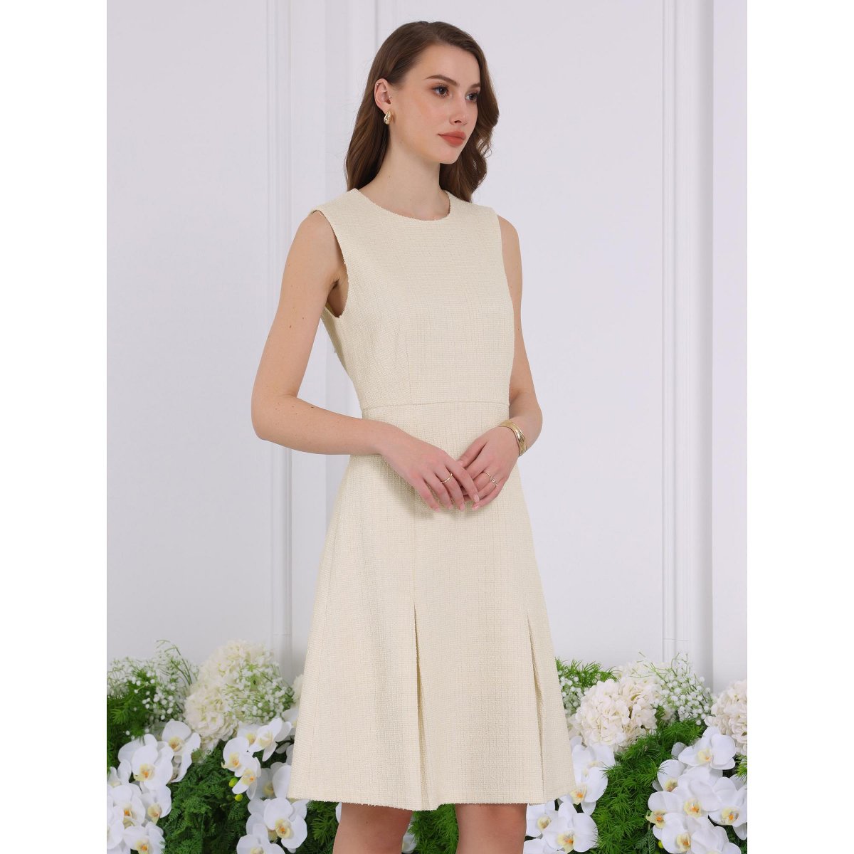 Женские платья INSPIRE CHIC Women's Tweed Round Neck Sleeveless Elegant Work A-Line Dress Beige White Medium — фото 3