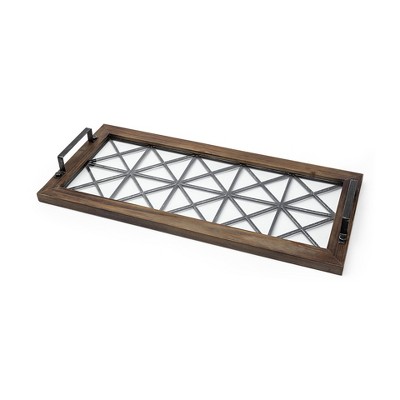 HomeRoots 28" Brown Wood Indoor Outdoor Tray With Handles