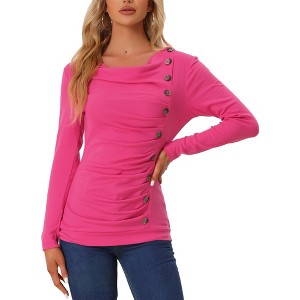 Allegra K Women's Cowl Neck Long Sleeves Buttons Decor Solid Ruched Top - 1 of 4