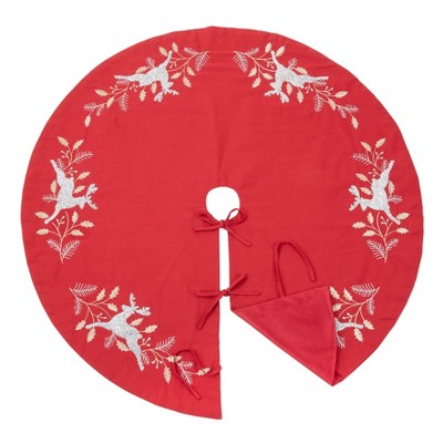 Red Embroidered Reindeer Christmas Tree Skirt, 54" Round