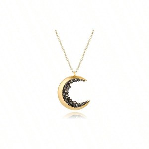 Dainty Crescent Moon Necklace, Black Crystal, Minimalist Astrology - 1 of 4