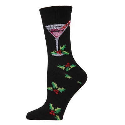 Memoi Women's Christmas Drinks Festive Crew Socks Black 9-11