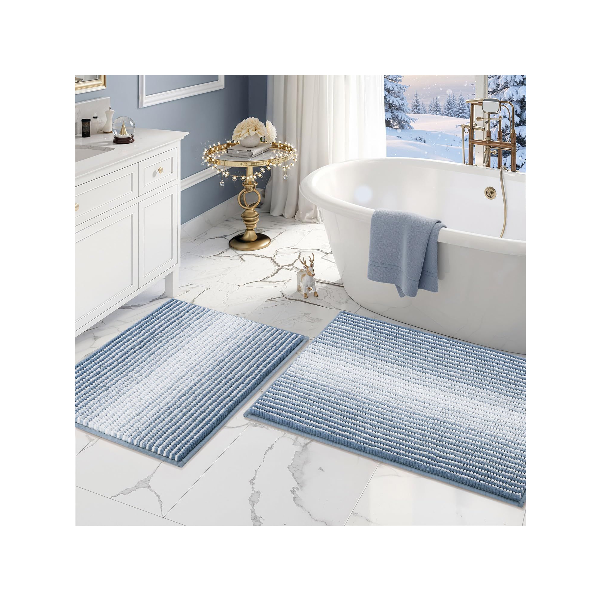Thick Chenille Bathroom Rugs Sets 2 Piece, 20" x 32" and 16" x 24" Absorbent & Non-Skid Bathroom Rug Set - Fog Blue