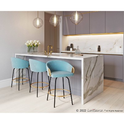 Claire Light Blue Velvet Swivel Counter Stools with Gold Accents