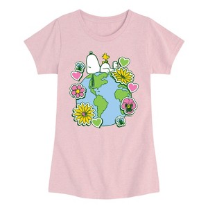 Girls' - Peanuts - Snoopy Woodstock Earth Stickers Fitted Short Sleeve Graphic T-Shirt - 1 of 4