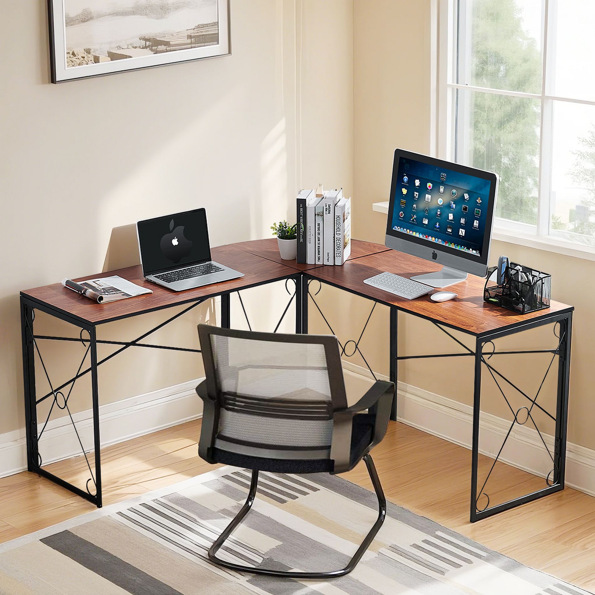 VECELO L-shaped Corner Computer Desk Home Office Writing Workstation, 59 inch Gaming Table, Brown