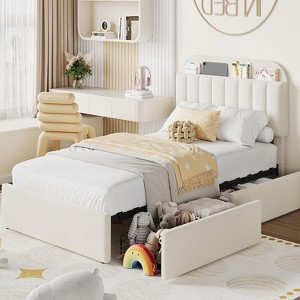 Kids Boucle Upholstered Bed Frame with Bookcase Headboard and 2 Storage Drawers, Noise-Free Platform Bed - 1 of 4