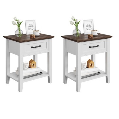 Homhougo Nightstands Set of 2, End Table with Drawer, Side Table for Living Room, 2 Tiers Storage Shelves Bedside Table White
