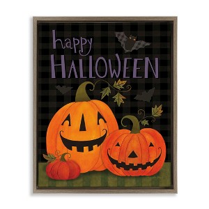 Stupell Industries Pumpkins & Bat on Plaid Black Floater Framed Canvas Wall Art - 1 of 4