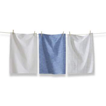 TAG Set of 3 Window Pane and Pinstripe Blue and White  Cotton   Kitchen Dishtowels 26L x 18W in.    S/3