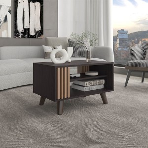 HTUTWOO Rectangular Coffee Table Cocktail Table, 1 Door, 2 Shelves Black Wengue & Natural Oak With Open Storage Shelf For Living Room - 1 of 4