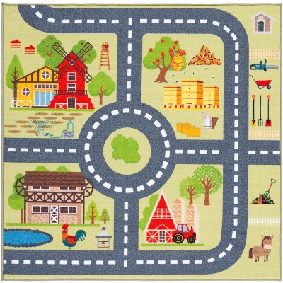 Kids Playhouse Light Green and Dark Gray Square Area Rug