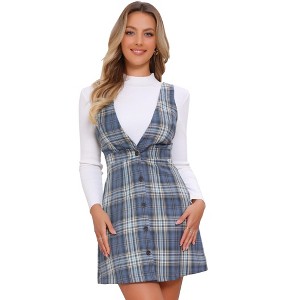 Allegra K Women's V Neck Gingham Check Pinafore Overalls Suspenders Plaid Print Dress - 1 of 4