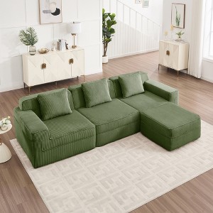 Modular 3-Seat L-Shaped Sectional Sofas with Ottoman, Deep Seat Cloud Sectional Couch, Corduroy Fabric with Throw Pillows - 1 of 4