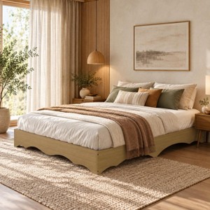 Queen Japanese Low Profile Solid Wood Platform Bed Frame with Wavy Wave ...